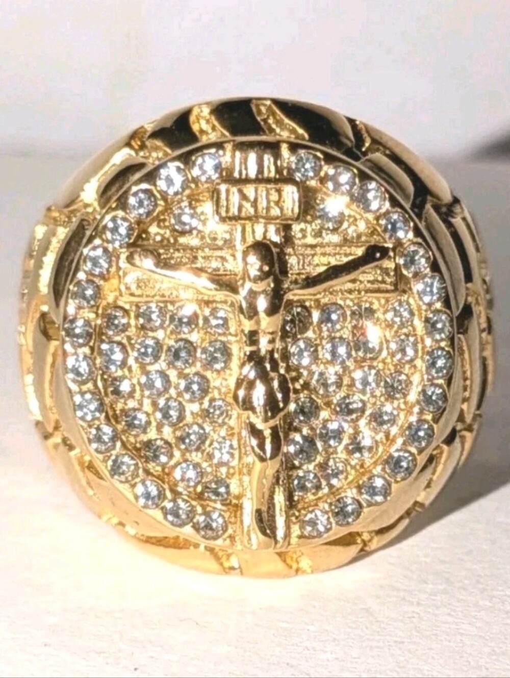 3Ct Round Cut White Moissanite Men's 14K Yellow Gold Plated Jesus Crucifix Ring